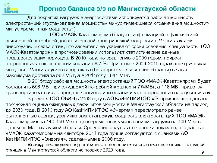Прогноз баланса э/э по Мангистауской области Для покрытия нагрузок в энергосистеме используется рабочая мощность