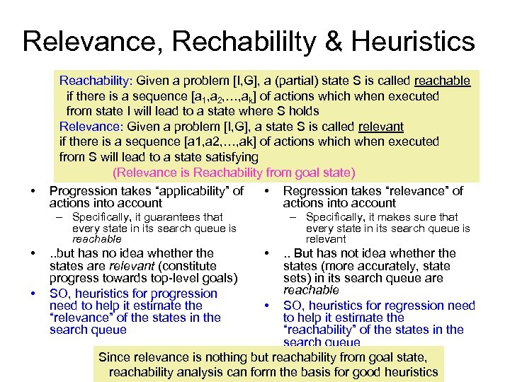 Relevance, Rechabililty & Heuristics • Reachability: Given a problem [I, G], a (partial) state