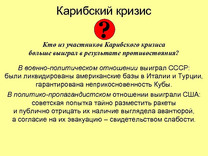 Карибский кризис ? Кто из участников Карибского кризиса больше выиграл в результате противостояния? В