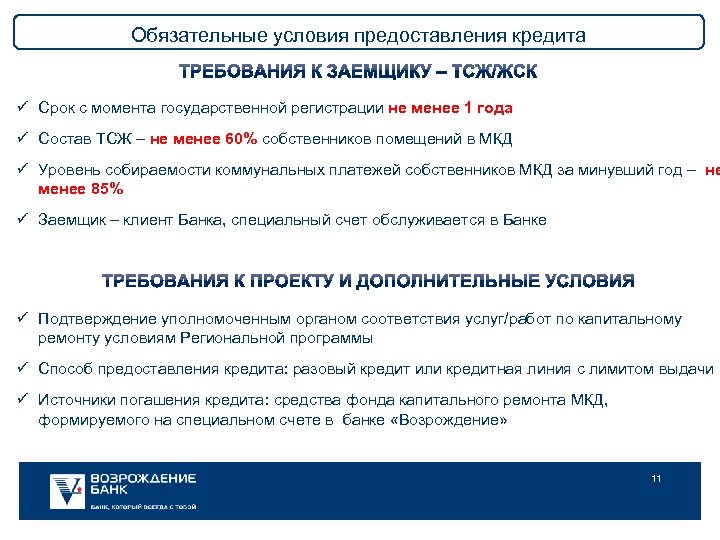 Обязательные условия предоставления кредита ü Срок с момента государственной регистрации не менее 1 года