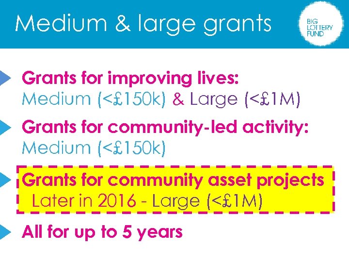Medium & large grants Grants for improving lives: Medium (<£ 150 k) & Large