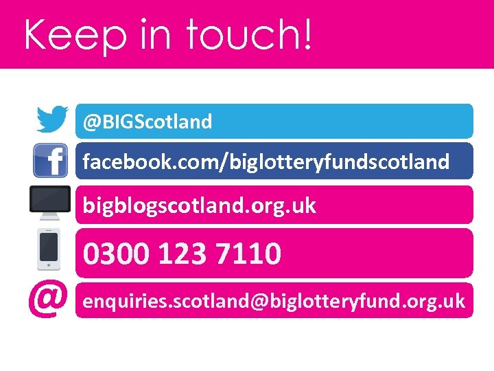 Keep in touch! @BIGScotland facebook. com/biglotteryfundscotland bigblogscotland. org. uk 0300 123 7110 @ enquiries.