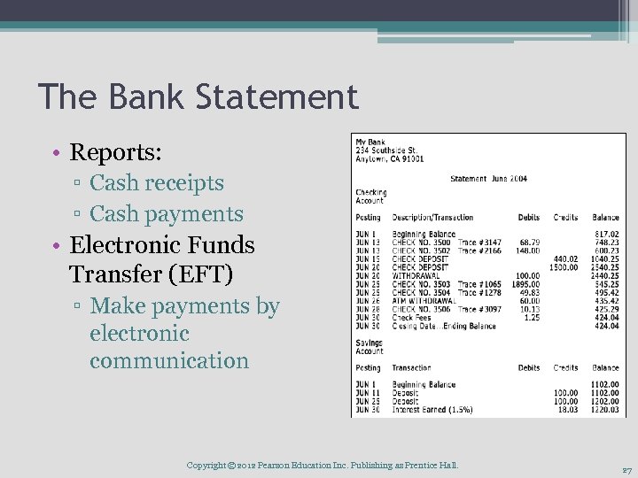 The Bank Statement • Reports: ▫ Cash receipts ▫ Cash payments • Electronic Funds