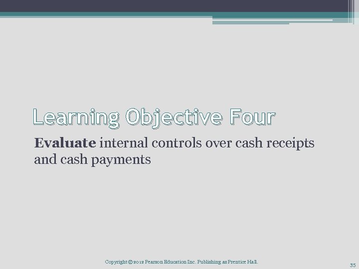 Learning Objective Four Evaluate internal controls over cash receipts and cash payments Copyright ©