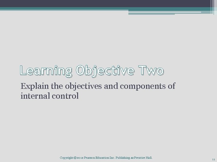 Learning Objective Two Explain the objectives and components of internal control Copyright © 2012