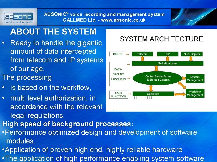 ABSONIC® voice recording and management system GALLMED Ltd. - www. absonic. co. uk ABOUT