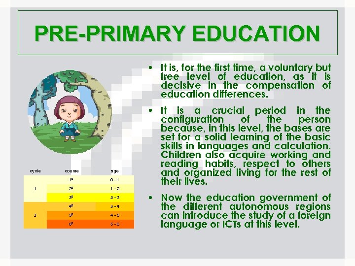 PRE-PRIMARY EDUCATION • It is, for the first time, a voluntary but free level