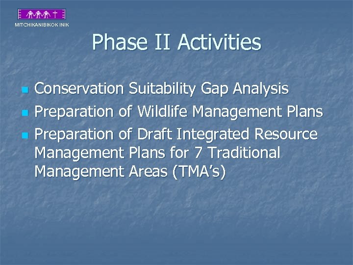MITCHIKANIBIKOK INIK Phase II Activities n n n Conservation Suitability Gap Analysis Preparation of