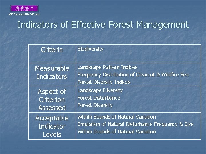 MITCHIKANIBIKOK INIK Indicators of Effective Forest Management Criteria Biodiversity Measurable Indicators Landscape Pattern Indices