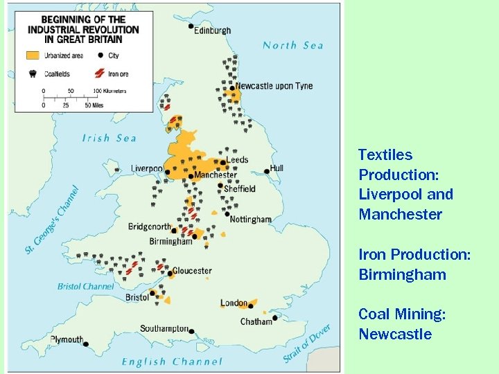 Textiles Production: Liverpool and Manchester Iron Production: Birmingham Coal Mining: Newcastle 