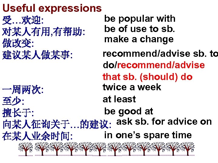 Useful expressions be popular with be of use to sb. make a change recommend/advise