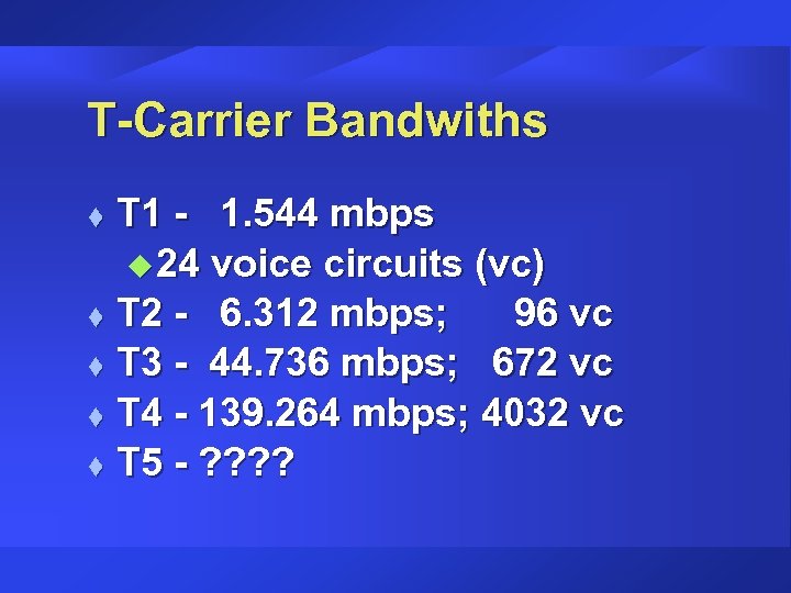 T-Carrier Bandwiths T 1 - 1. 544 mbps u 24 voice circuits (vc) t