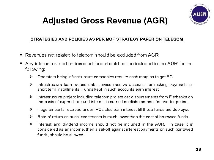 Adjusted Gross Revenue (AGR) STRATEGIES AND POLICIES AS PER MOF STRATEGY PAPER ON TELECOM