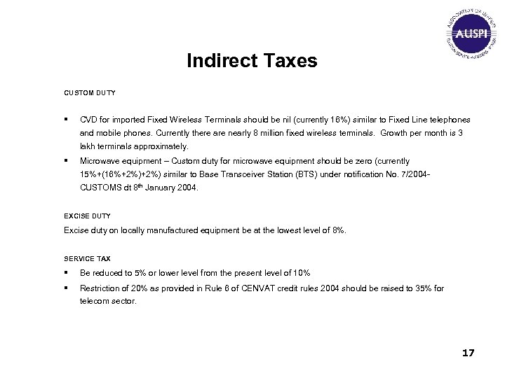 Indirect Taxes CUSTOM DUTY § CVD for imported Fixed Wireless Terminals should be nil