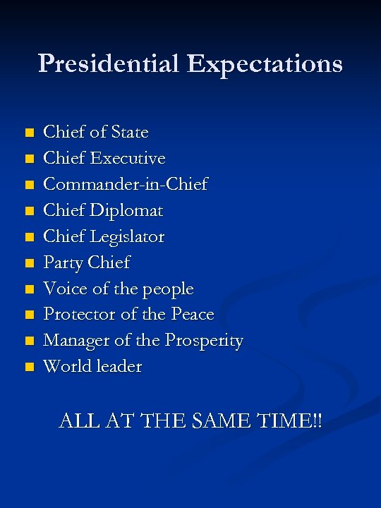 Presidential Expectations n n n n n Chief of State Chief Executive Commander-in-Chief Diplomat
