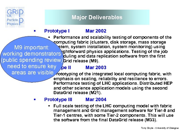Major Deliverables § Prototype I Mar 2002 § Performance and scalability testing of components