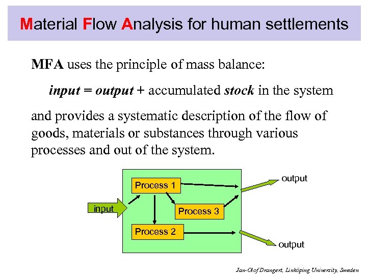 Material Flow Analysis for human settlements MFA uses the principle of mass balance: input