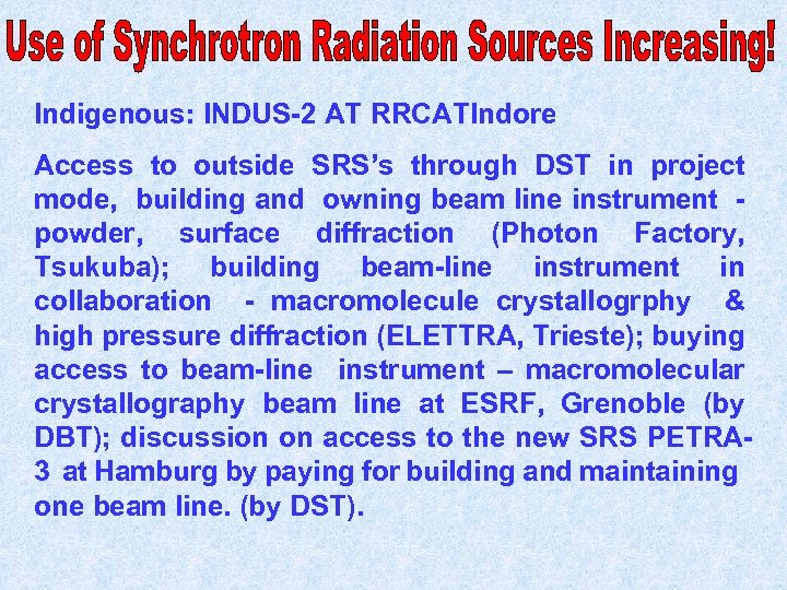 Indigenous: INDUS-2 AT RRCATIndore Access to outside SRS’s through DST in project mode, building