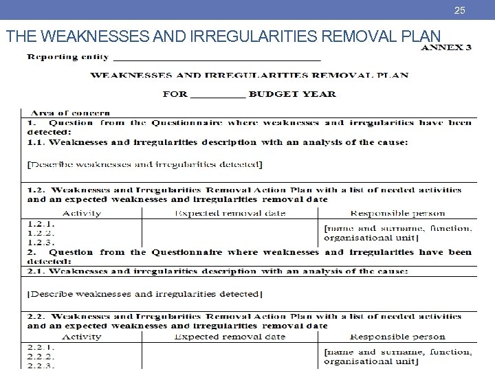 25 THE WEAKNESSES AND IRREGULARITIES REMOVAL PLAN 