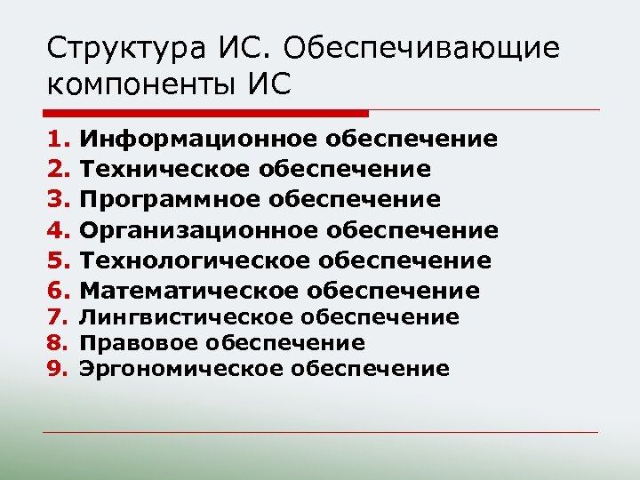 Структура ИС. Обеспечивающие компоненты ИС 1. 2. 3. 4. 5. 6. Информационное обеспечение Техническое