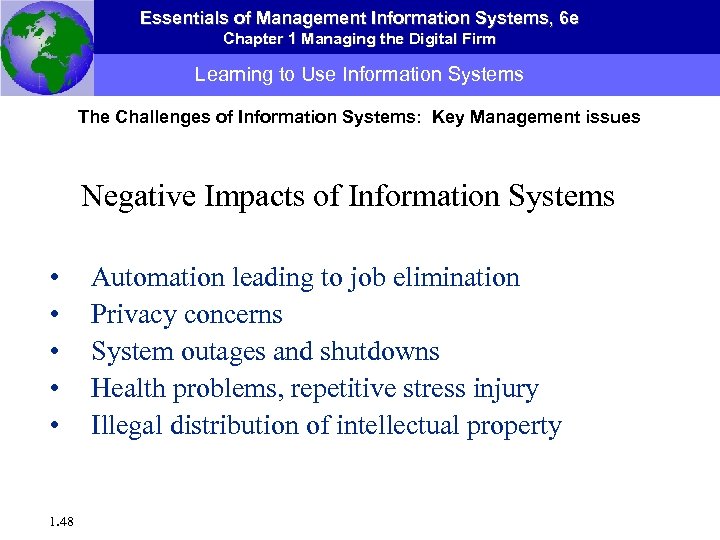 Essentials of Management Information Systems, 6 e Chapter 1 Managing the Digital Firm Learning