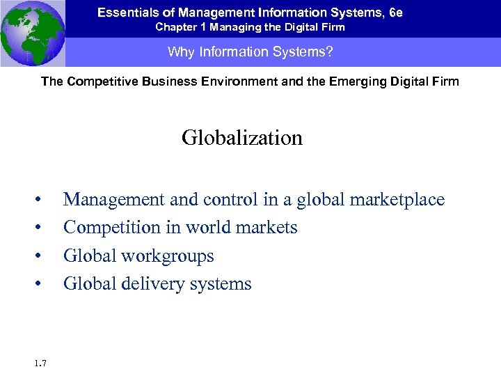 Essentials of Management Information Systems, 6 e Chapter 1 Managing the Digital Firm Why