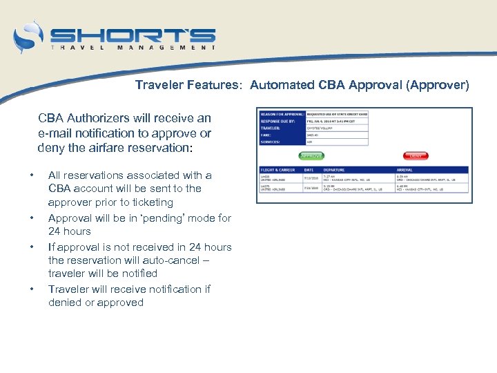 Traveler Features: Automated CBA Approval (Approver) CBA Authorizers will receive an e-mail notification to
