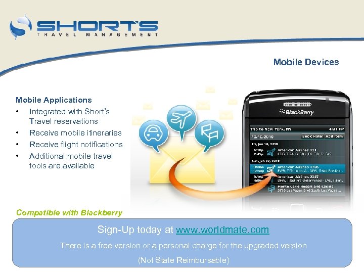 Mobile Devices Mobile Applications • Integrated with Short’s Travel reservations • Receive mobile itineraries