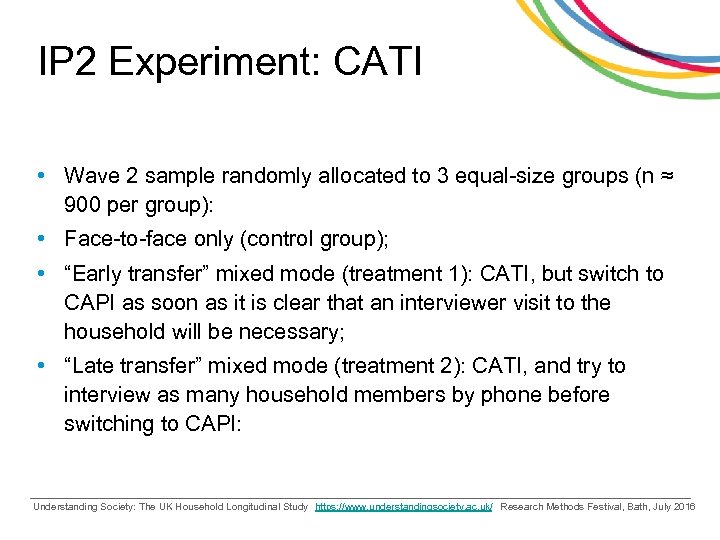 IP 2 Experiment: CATI • Wave 2 sample randomly allocated to 3 equal-size groups
