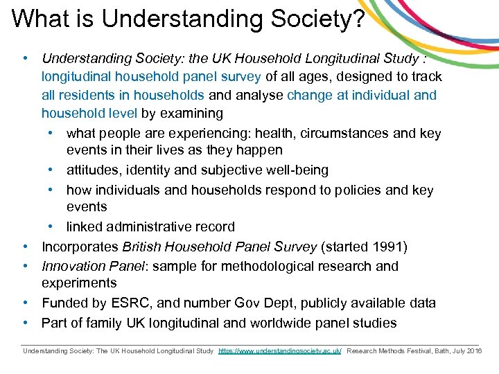 What is Understanding Society? • Understanding Society: the UK Household Longitudinal Study : longitudinal