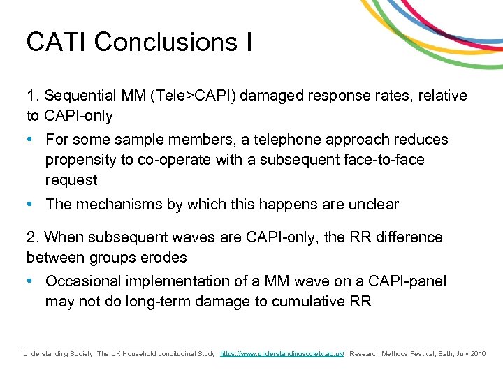 CATI Conclusions I 1. Sequential MM (Tele>CAPI) damaged response rates, relative to CAPI-only •