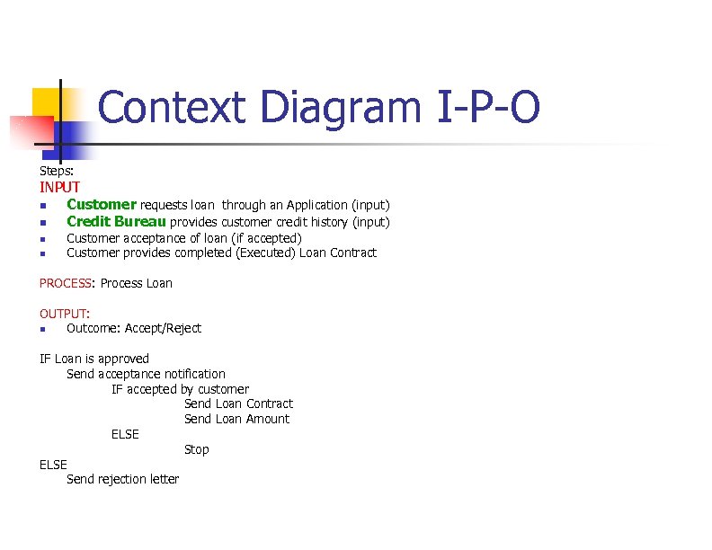 Context Diagram I-P-O Steps: INPUT n Customer requests loan through an Application (input) n