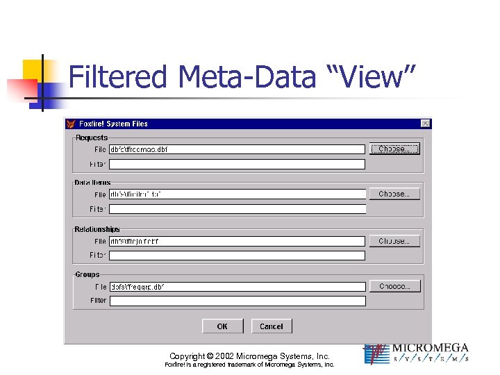 Filtered Meta-Data “View” Copyright © 2002 Micromega Systems, Inc. Foxfire! is a registered trademark