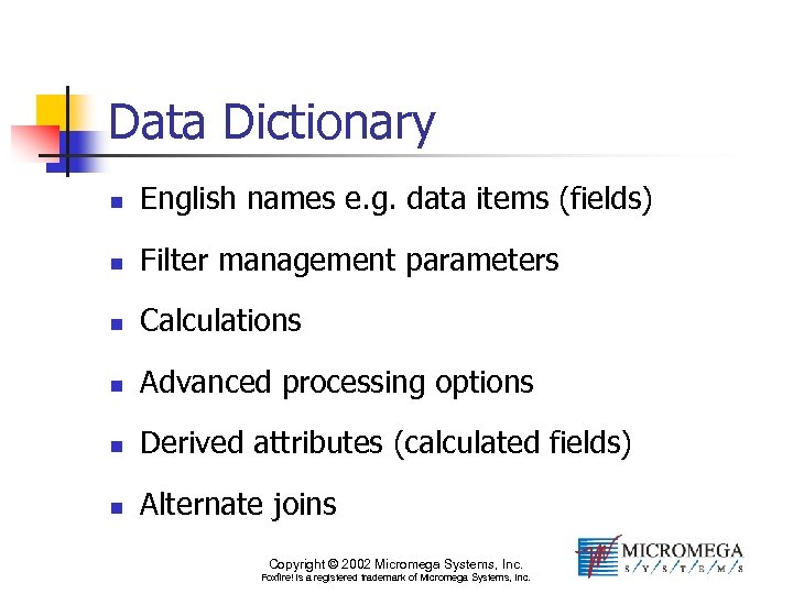 Data Dictionary n English names e. g. data items (fields) n Filter management parameters