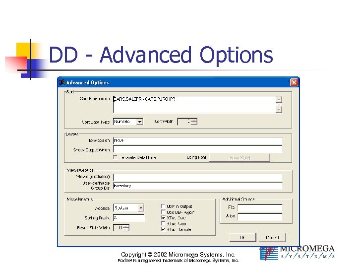 DD - Advanced Options Copyright © 2002 Micromega Systems, Inc. Foxfire! is a registered