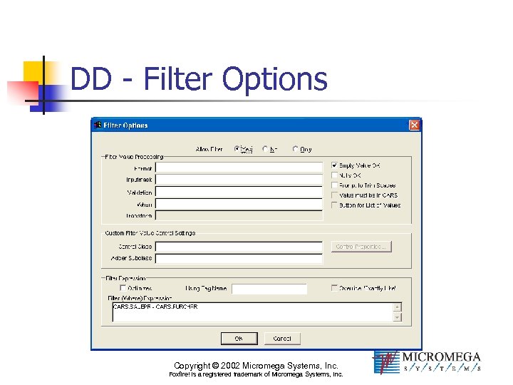 DD - Filter Options Copyright © 2002 Micromega Systems, Inc. Foxfire! is a registered