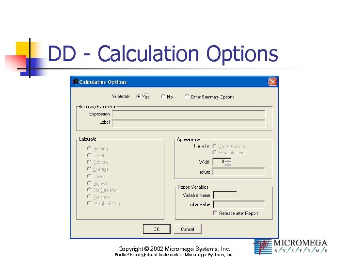 DD - Calculation Options Copyright © 2002 Micromega Systems, Inc. Foxfire! is a registered