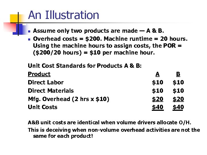 An Illustration n n Assume only two products are made — A & B.
