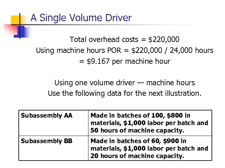 A Single Volume Driver Total overhead costs = $220, 000 Using machine hours POR