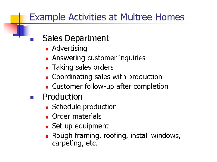 Example Activities at Multree Homes n Sales Department n n n Advertising Answering customer