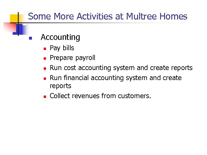 Some More Activities at Multree Homes n Accounting n n n Pay bills Prepare