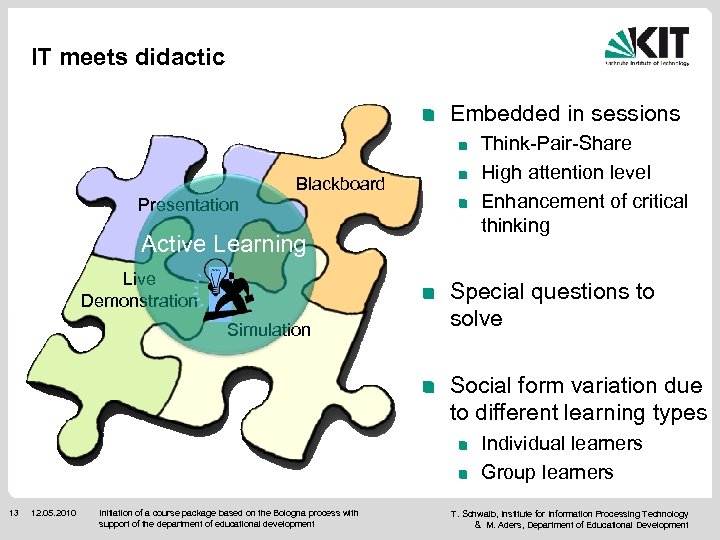 IT meets didactic Embedded in sessions Blackboard Presentation Active Learning Live Demonstration Simulation Think-Pair-Share