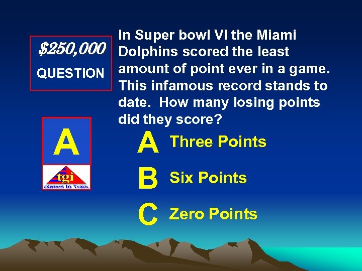In Super bowl VI the Miami $250, 000 Dolphins scored the least QUESTION amount
