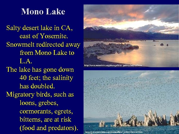Mono Lake Salty desert lake in CA, east of Yosemite. Snowmelt redirected away from