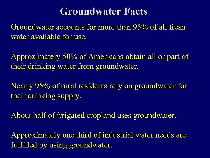 Groundwater Facts Groundwater accounts for more than 95% of all fresh water available for