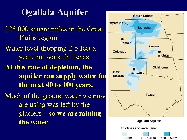 Ogallala Aquifer 225, 000 square miles in the Great Plains region Water level dropping