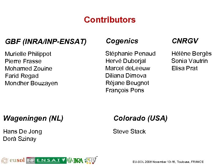 Contributors GBF (INRA/INP-ENSAT) Cogenics CNRGV Murielle Philippot Pierre Frasse Mohamed Zouine Farid Regad Mondher