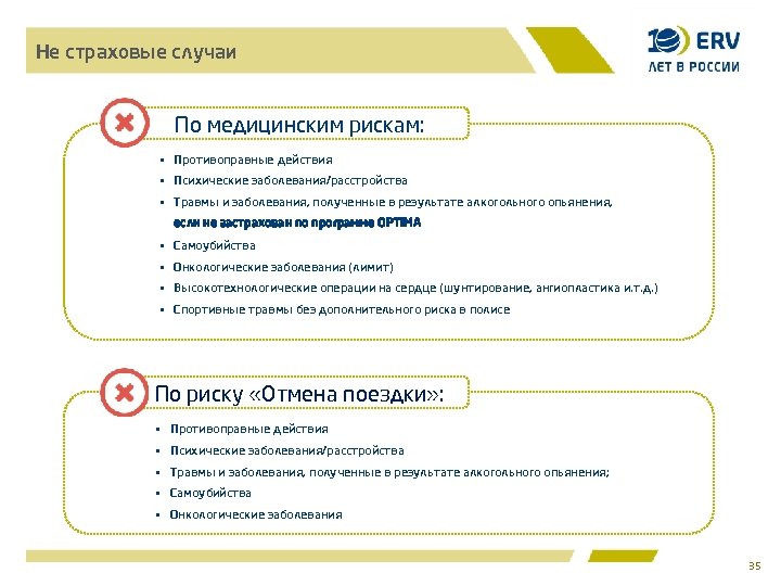 Не страховые случаи По медицинским рискам: • Противоправные действия • Психические заболевания/расстройства • Травмы