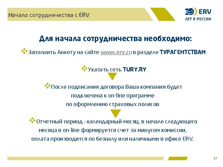 Начало сотрудничества с ERV Для начала сотрудничества необходимо: v. Заполнить Анкету на сайте www.