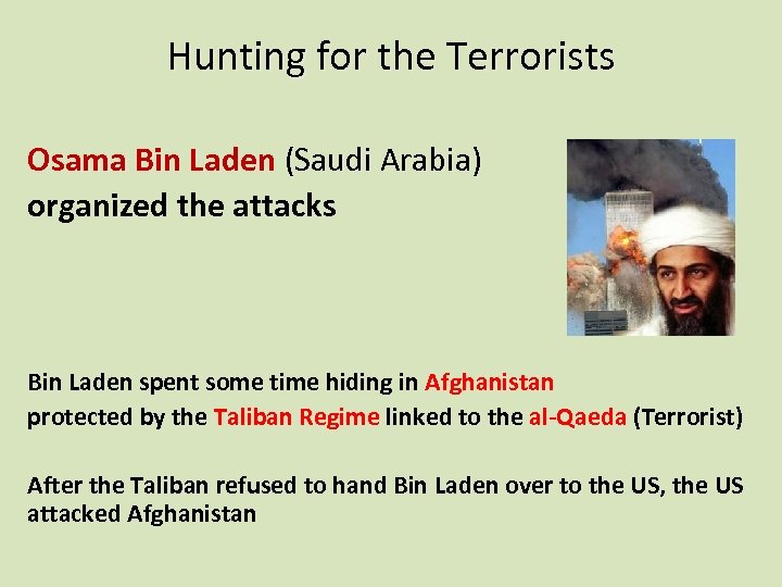 Hunting for the Terrorists Osama Bin Laden (Saudi Arabia) organized the attacks Bin Laden